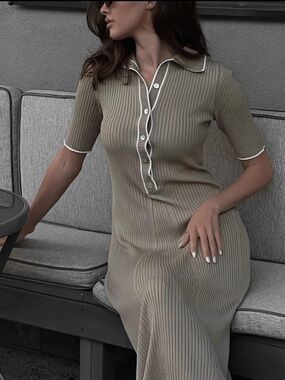 Dark taupe Ribbed Polo Dress